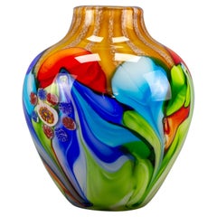 Large Italian Murano Glass Millefiori Flowers Convex Vase