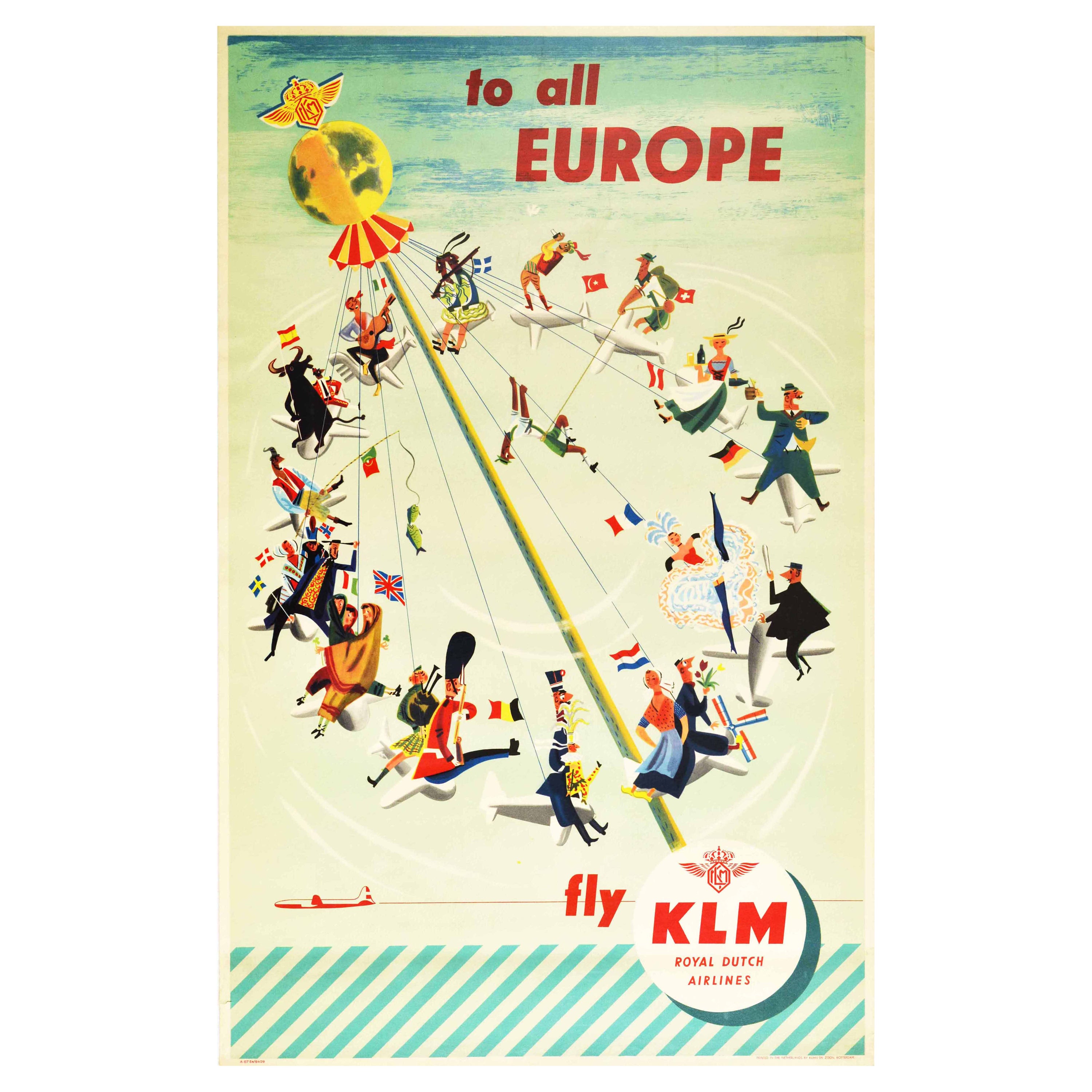 Original Vintage Airline Travel Poster To All Europe Fly KLM Carousel Swing  Art For Sale at 1stDibs