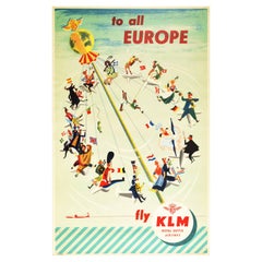 Original Vintage Airline Travel Poster To All Europe Fly KLM Carousel Swing Art