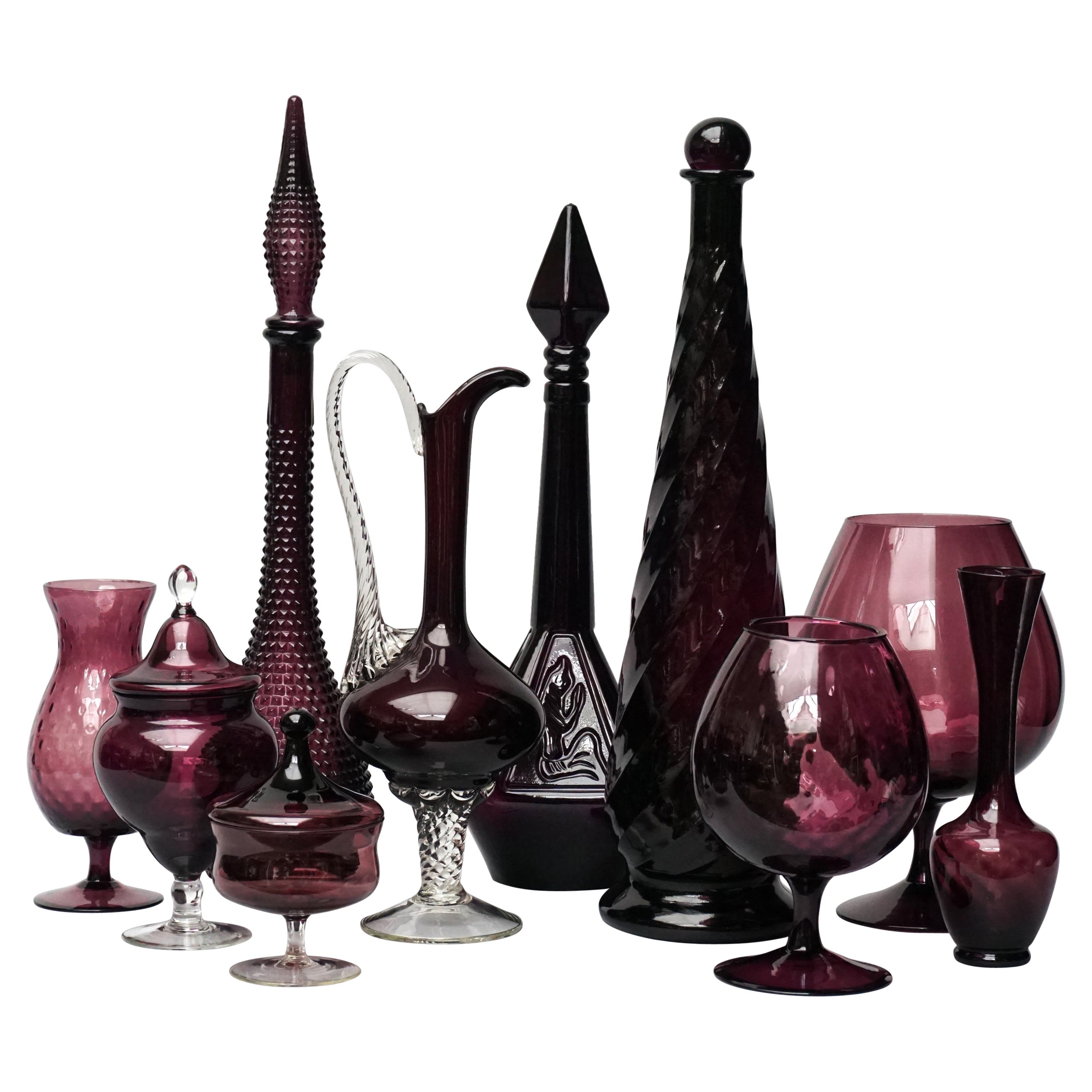 1960s Purple Glass Set of Ten Italian Empoli Genie Bottles, Vases and Candy Jars