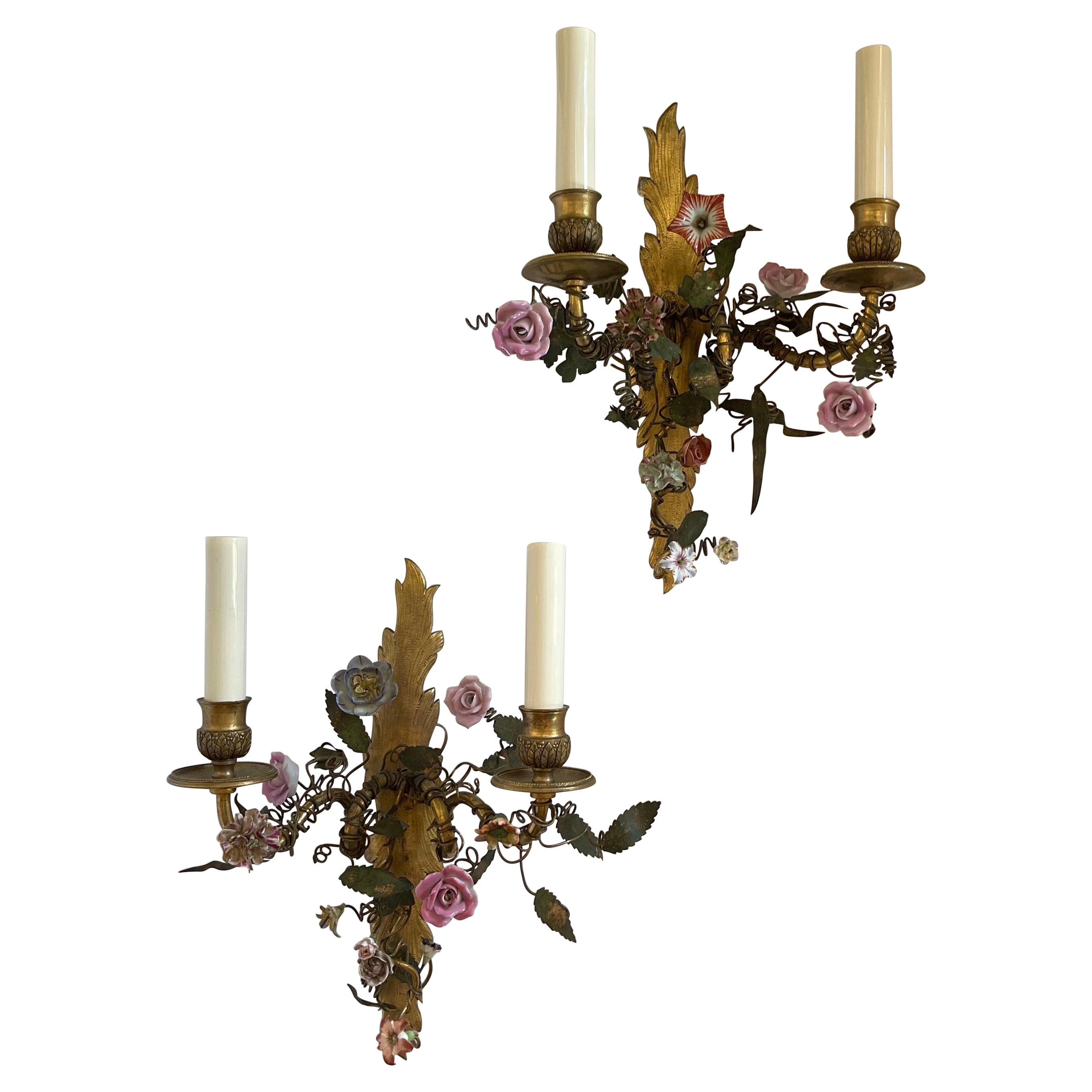 Wonderful Vintage Pair French Bronze Two-Arm Sconces with Porcelain Flowers For Sale
