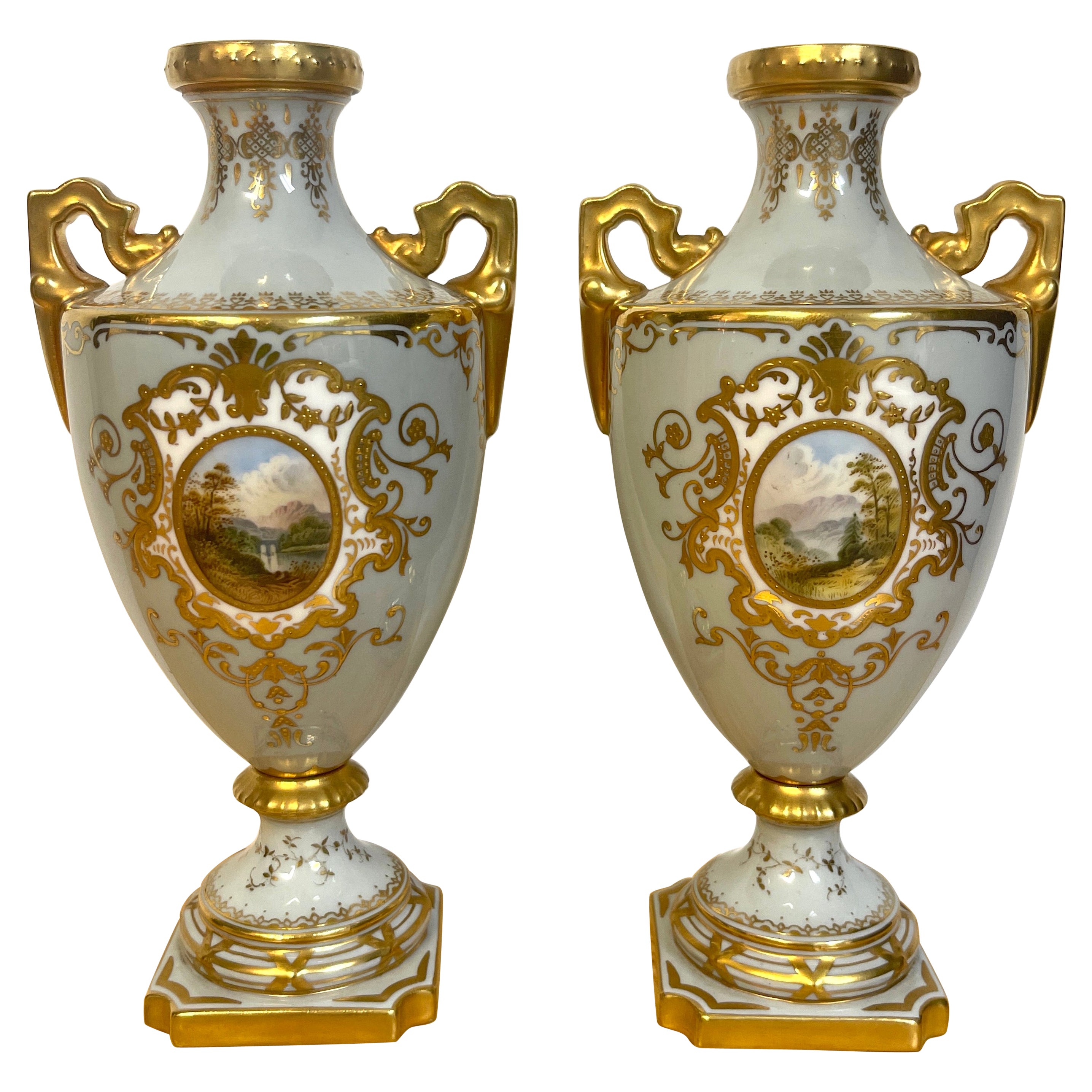 Pair of 19th Century Coalport Scenic Cabinet Vases For Sale