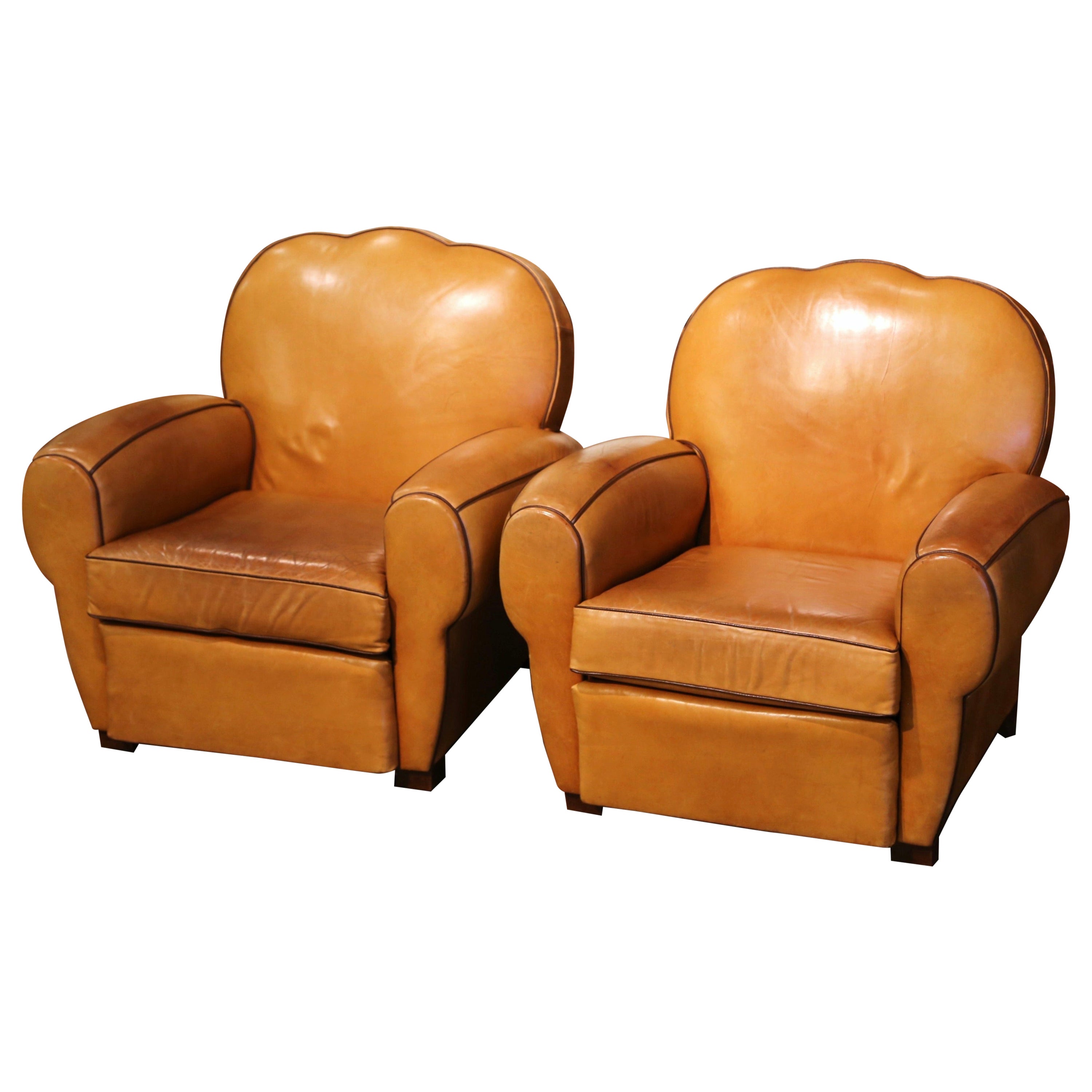 Pair of Mid-Century French Carved Club Armchairs with Original Tan Leather
