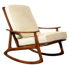 Mid Century Hand Rubbed Walnut Rocking Chair in Holly Hunt Champagne Upholstery