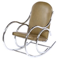 Mid-Century Modern Polished Chrome Curvilinear Rocking Chair in Olive Leather