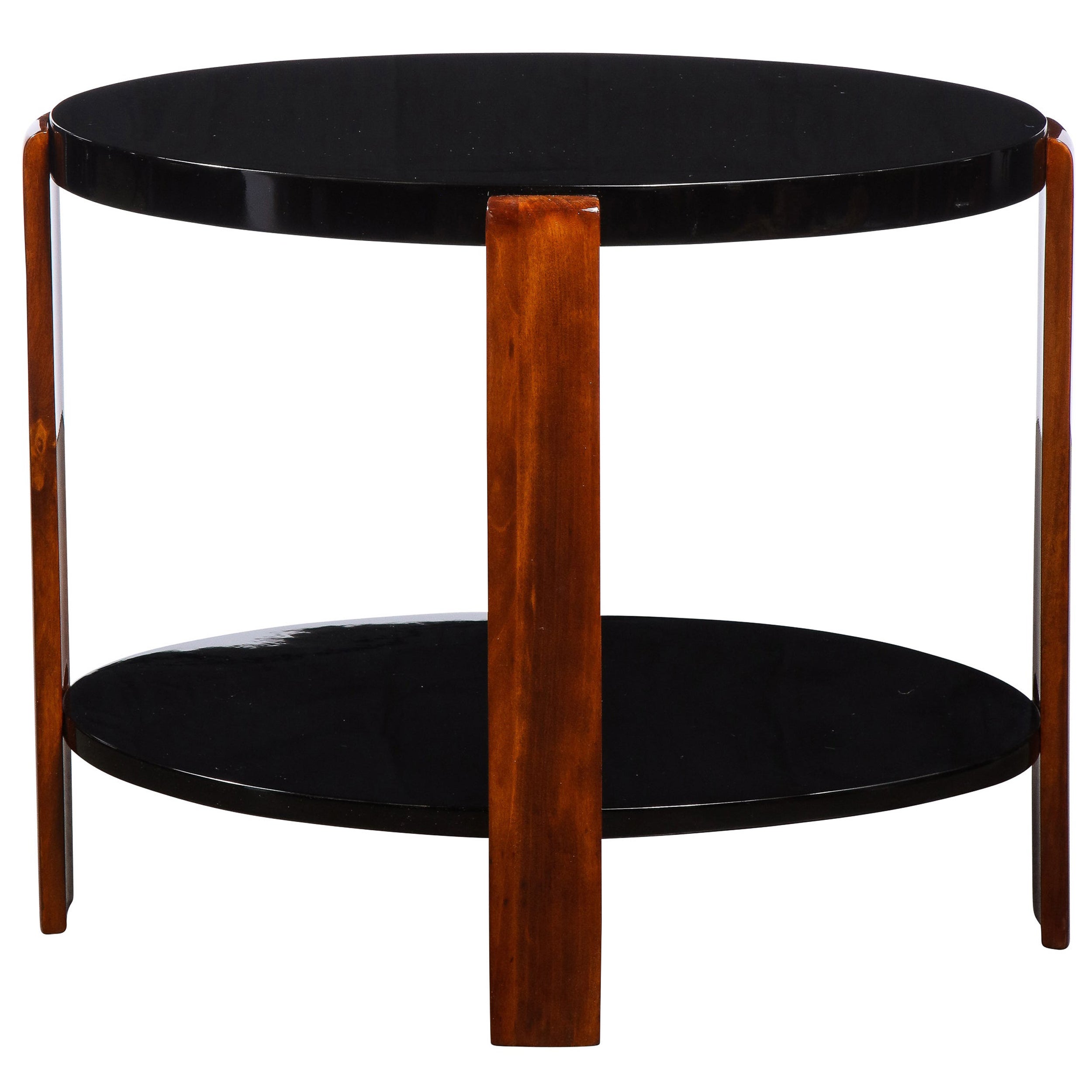 Art Deco Machine Age Streamlined 2 Tier Black Lacquer & Bookmatched Walnut Table