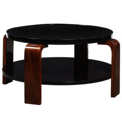 Art Deco Machine Age Two Tier Black Lacquer, Vitrolit & Bookmatched Walnut Table