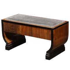 Art Deco Machine Age Streamline Lacquer, Bookmatched Walnut & Slate Mohair Bench