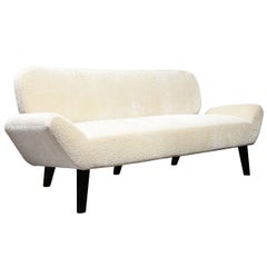 Mid-Century Modern Black Lacquer Sofa & Pearl White Ecriture Velvet Holly Hunt