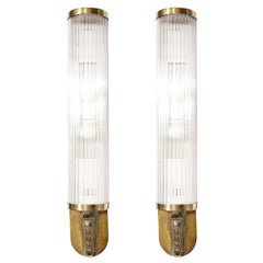 Pair of Art Deco Cubist Skyscraper Style Silvered Brass & Glass Rod Sconces