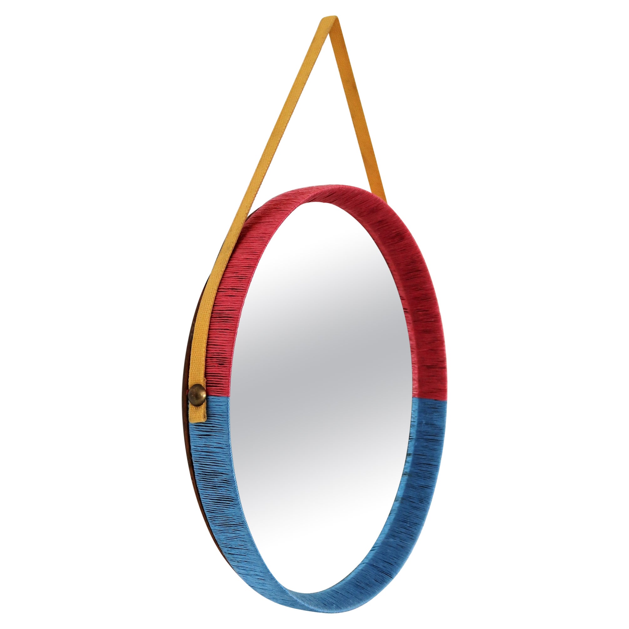 Italian Midcentury Wall Mirror in Red and Blue with Yellow Ribbon, 1950s For Sale