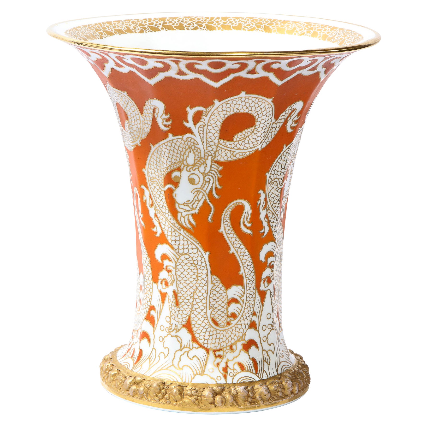 Modernist Orange & Vergoldete Porzellanvase Vase mit Drachenmotiv Signiert Rosenthal