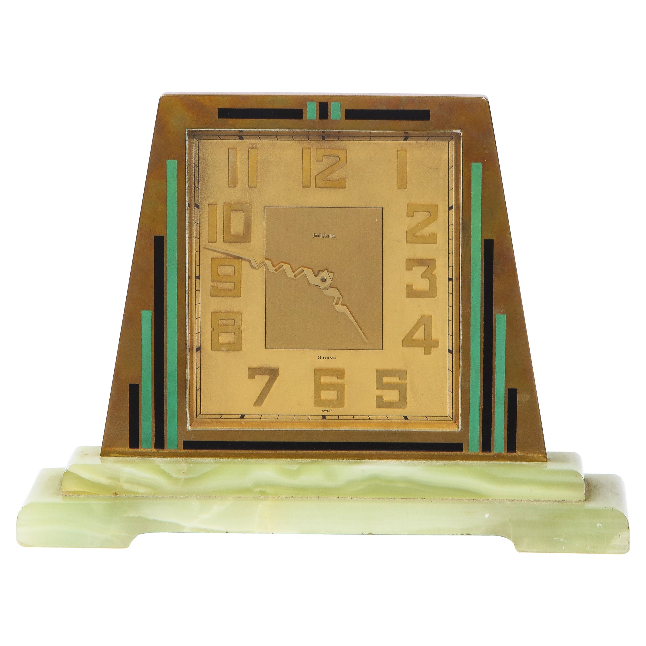 Swiss Art Deco Machine Age Skyscraper Style Hand Painted Brass & Onyx Clock