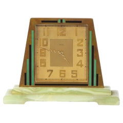 Swiss Art Deco Machine Age Skyscraper Style Hand Painted Brass & Onyx Clock