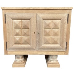 1940s Oak Side Cabinet by Charles Dudouyt with Carved Geometric Front Doors