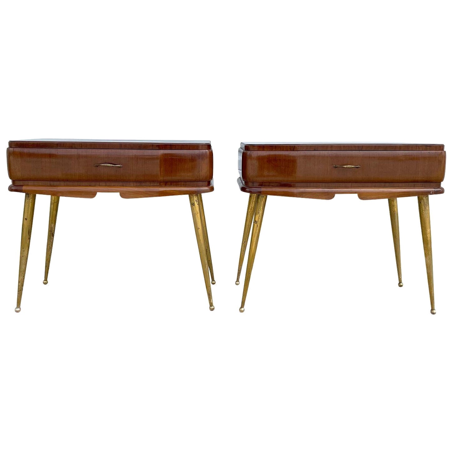 20th Century Brown Italian Pair of Mahogany Nightstands, Brass Bedside Tables