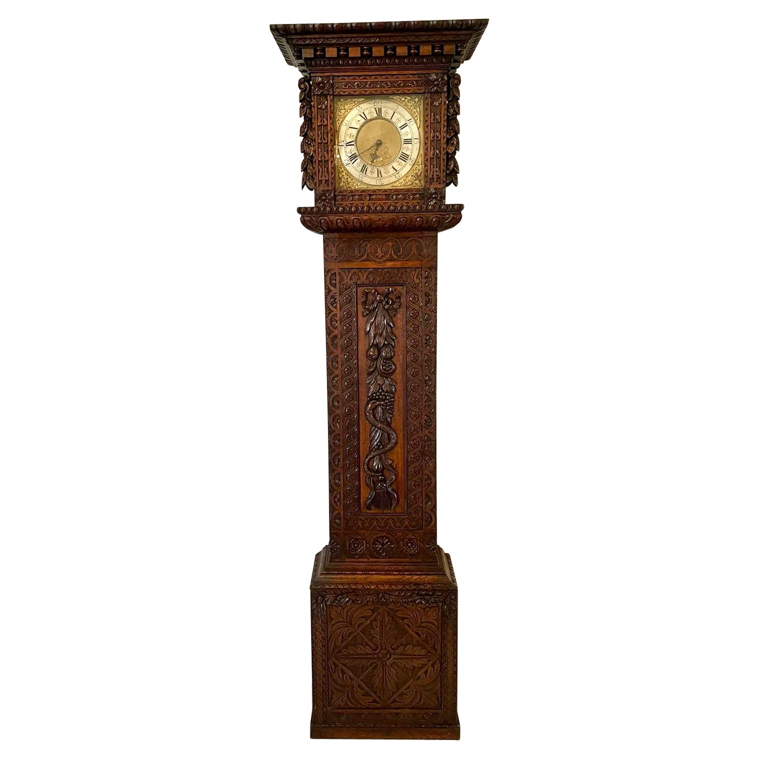 Outstanding Quality Carved Oak Brass Face Grandfather Clock