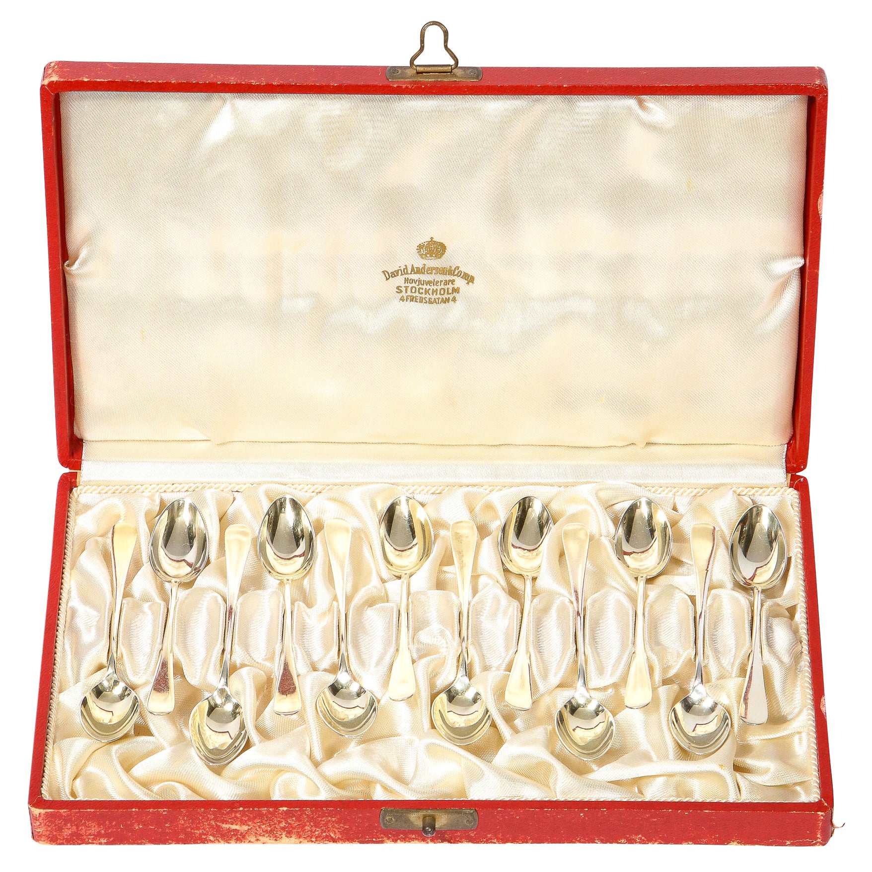 Mid Century Set of 12 Demi Tasse Gilt Sterling Silver Spoons by David Andersen