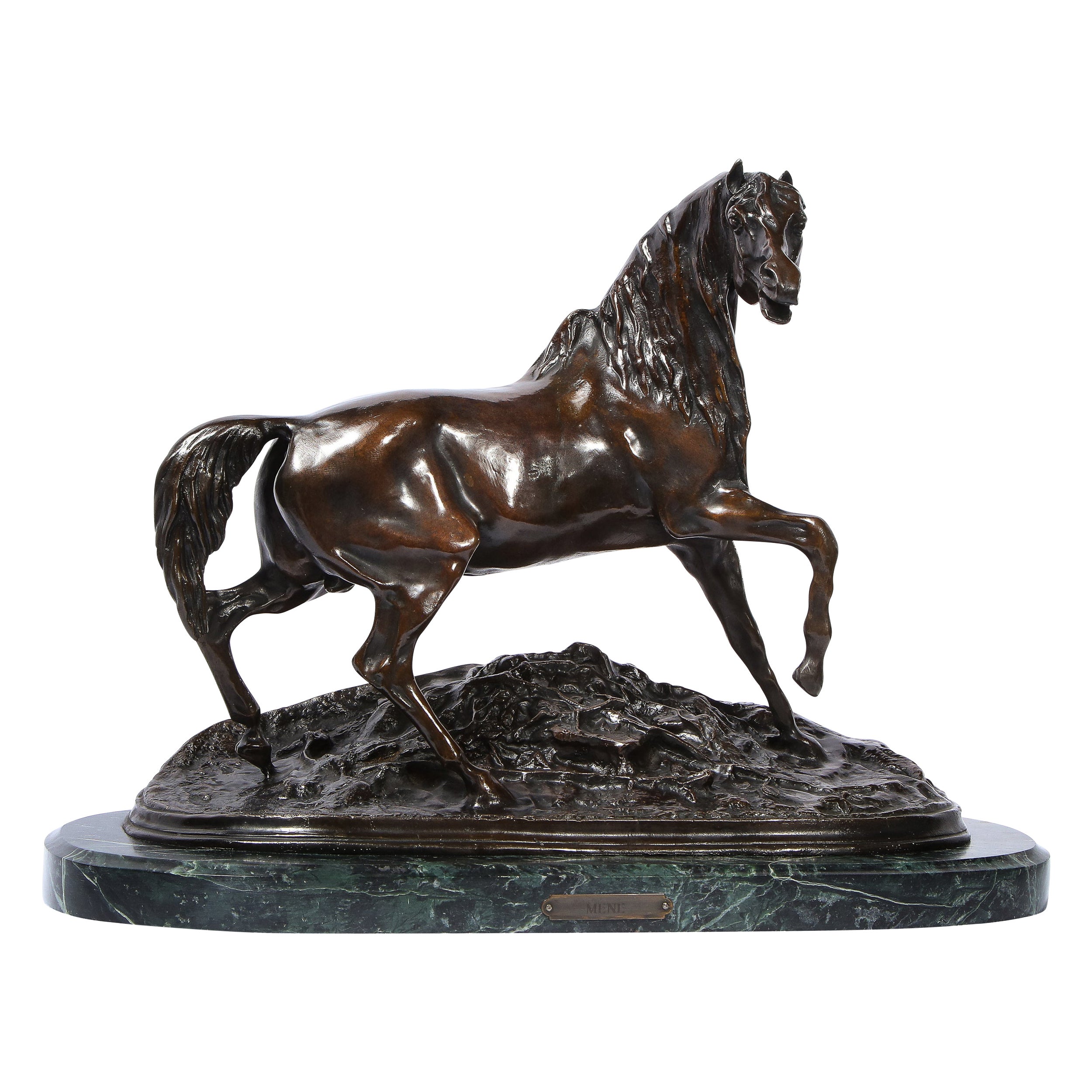 Bronzeskulptur eines Stallions aus dem 19. Jahrhundert auf Marmorsockel, signiert P.J. Mne im Angebot