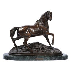 French 19th Century Bronze Stallion Sculpture on Marble Base, Signed P.J. Mêne