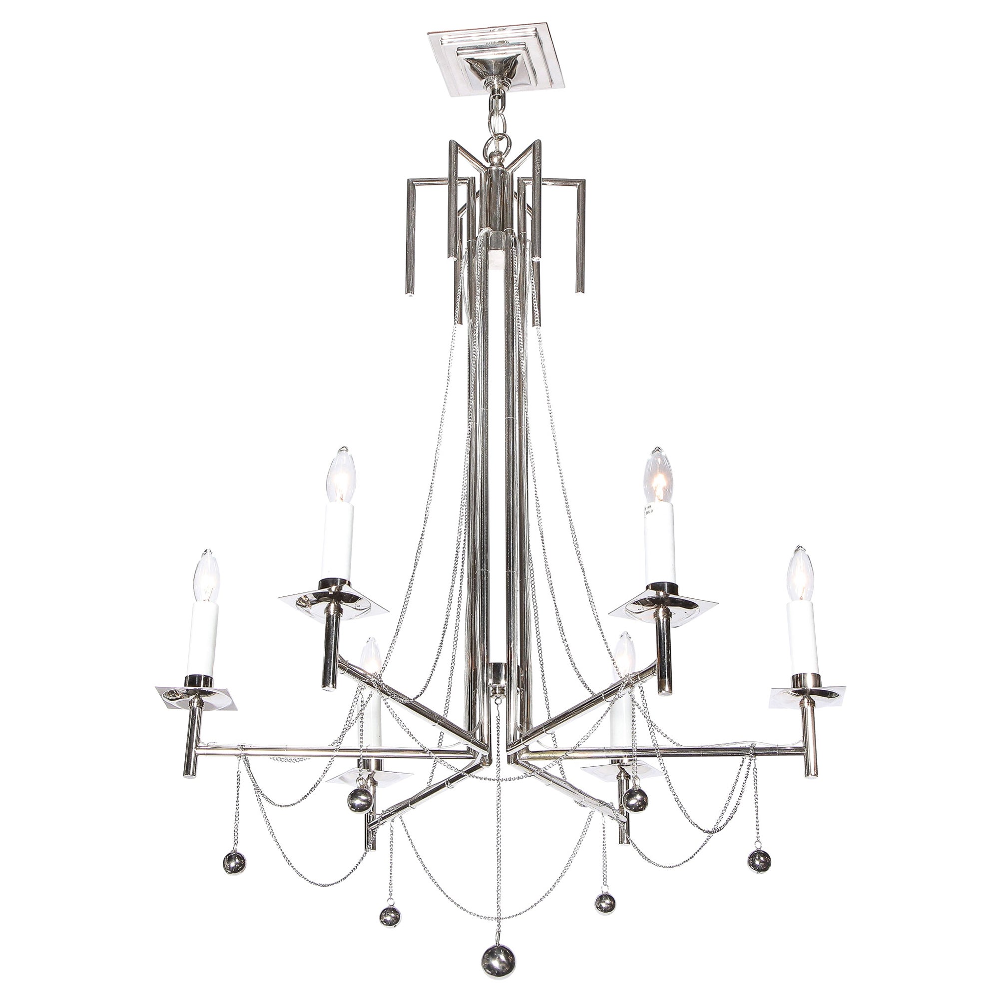 Modernist Polished Nickel Six Arm Chandelier with Chain and Spherical Details For Sale