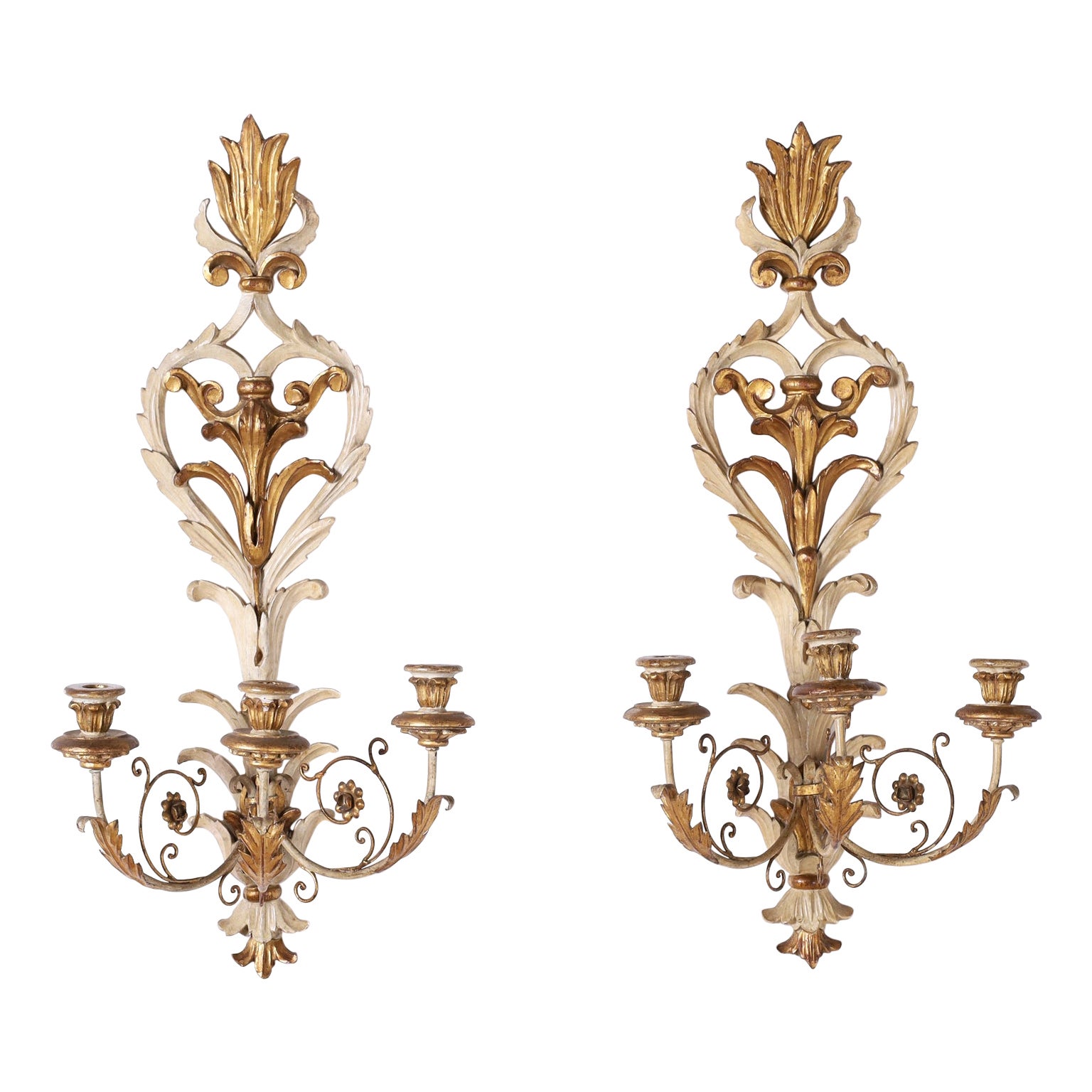 Pair of Antique Carved Wood Gilt and Painted Rococo Style Wall Sconces