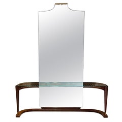 Italian Crowned Curved Console Table Full Mirror Style of Gio Ponti Italy 1950s