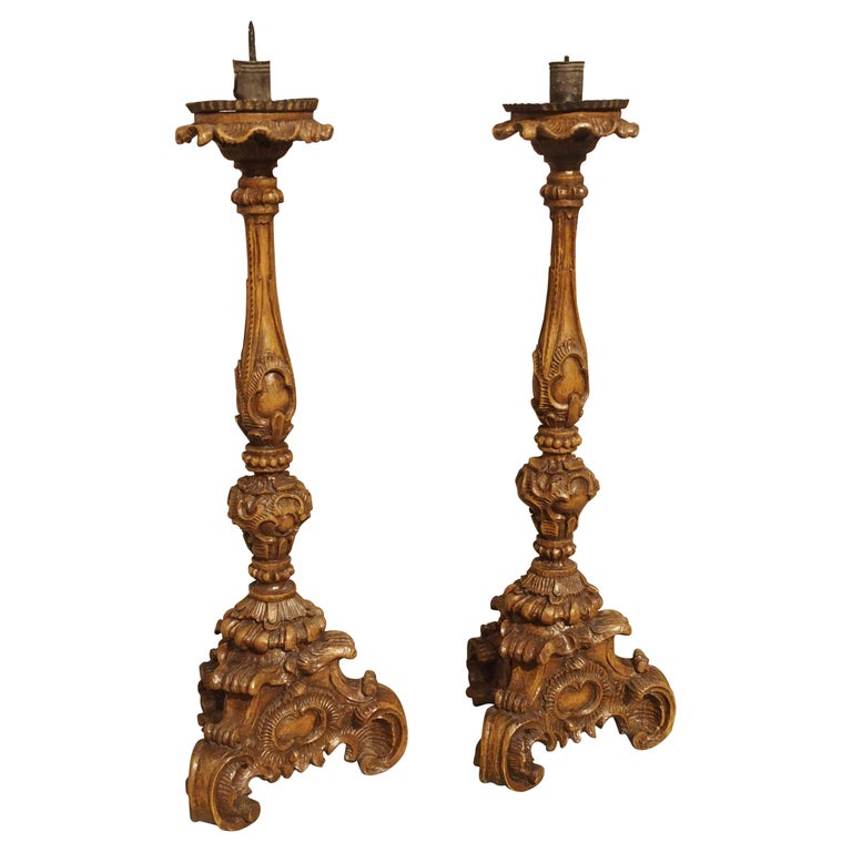 Superb Pair of Finely Carved 18th Century French Candlesticks For Sale