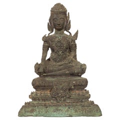 Antique Petite Thai Rattanakosin Period Bronze Buddha Sculpture in Bhumisparsha Mudra