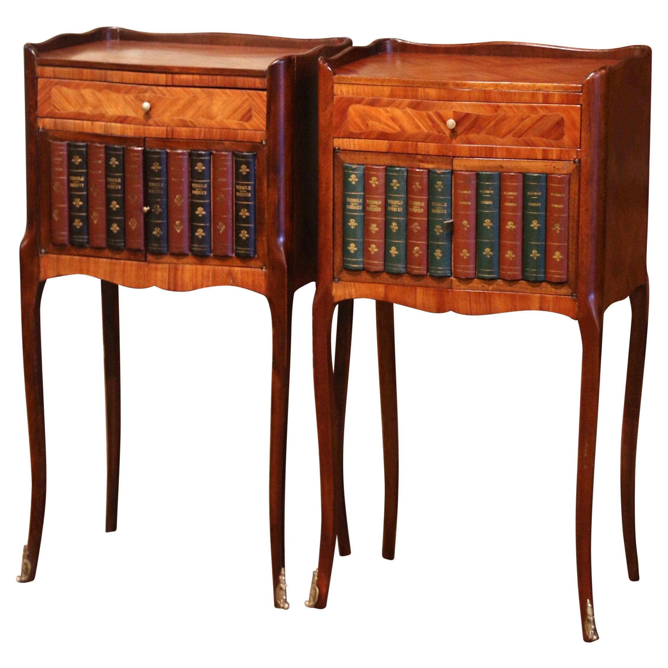 Pair of 19th Century French Walnut Nightstands with Leather Book Spine Doors For Sale