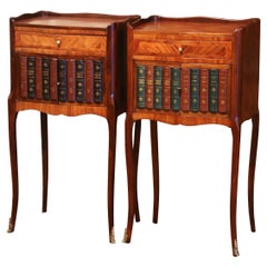 Pair of 19th Century French Walnut Nightstands with Leather Book Spine Doors