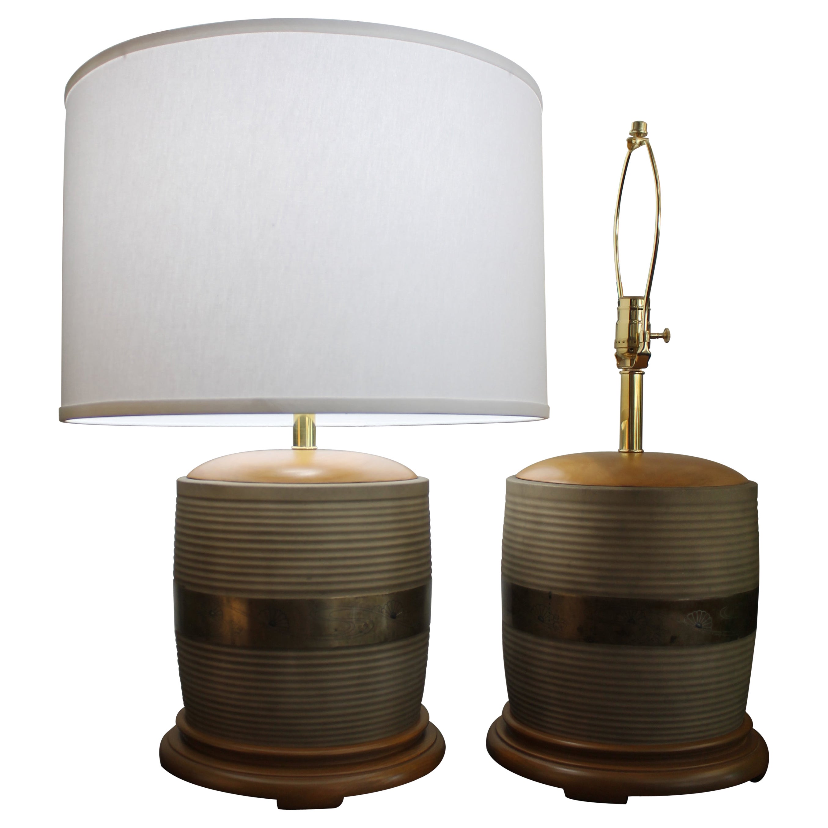 Pair of Brass and Sterling Inlaid Lamps