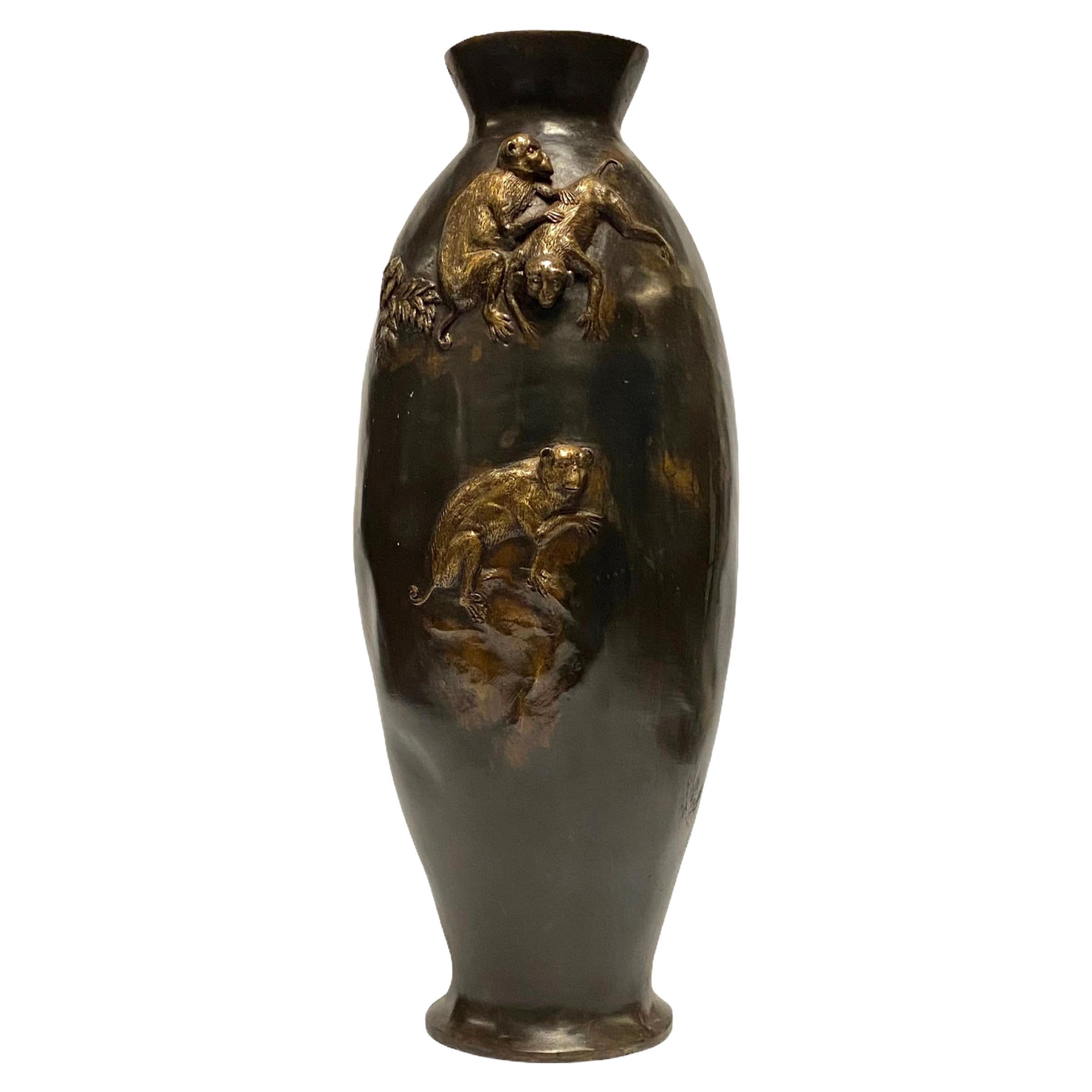 Asian Bronze Vase with Monkeys in Relief