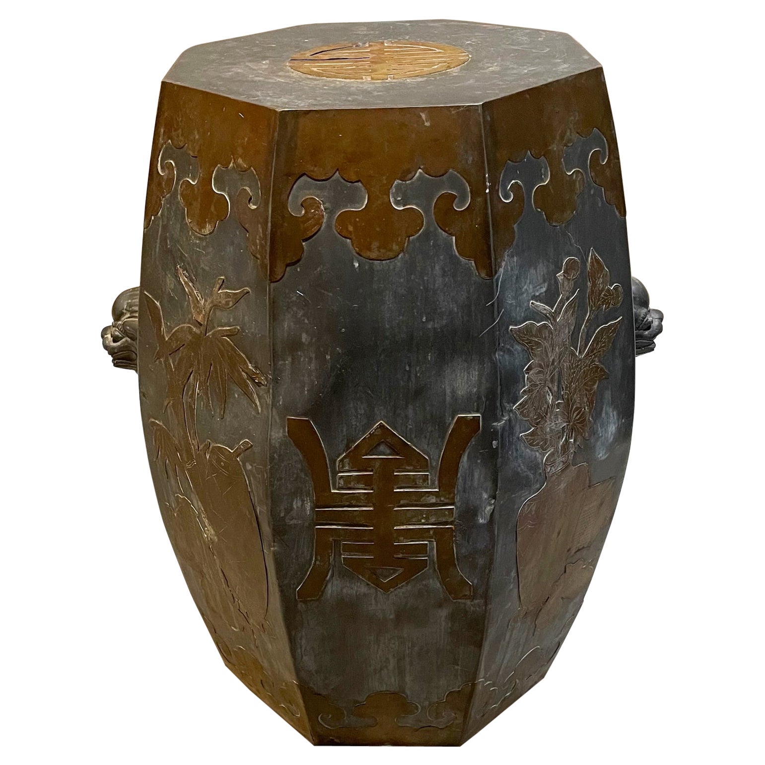 Asian Antique Chinese Decorative Bronze and Gray Drum Side Accent Table, 1930s