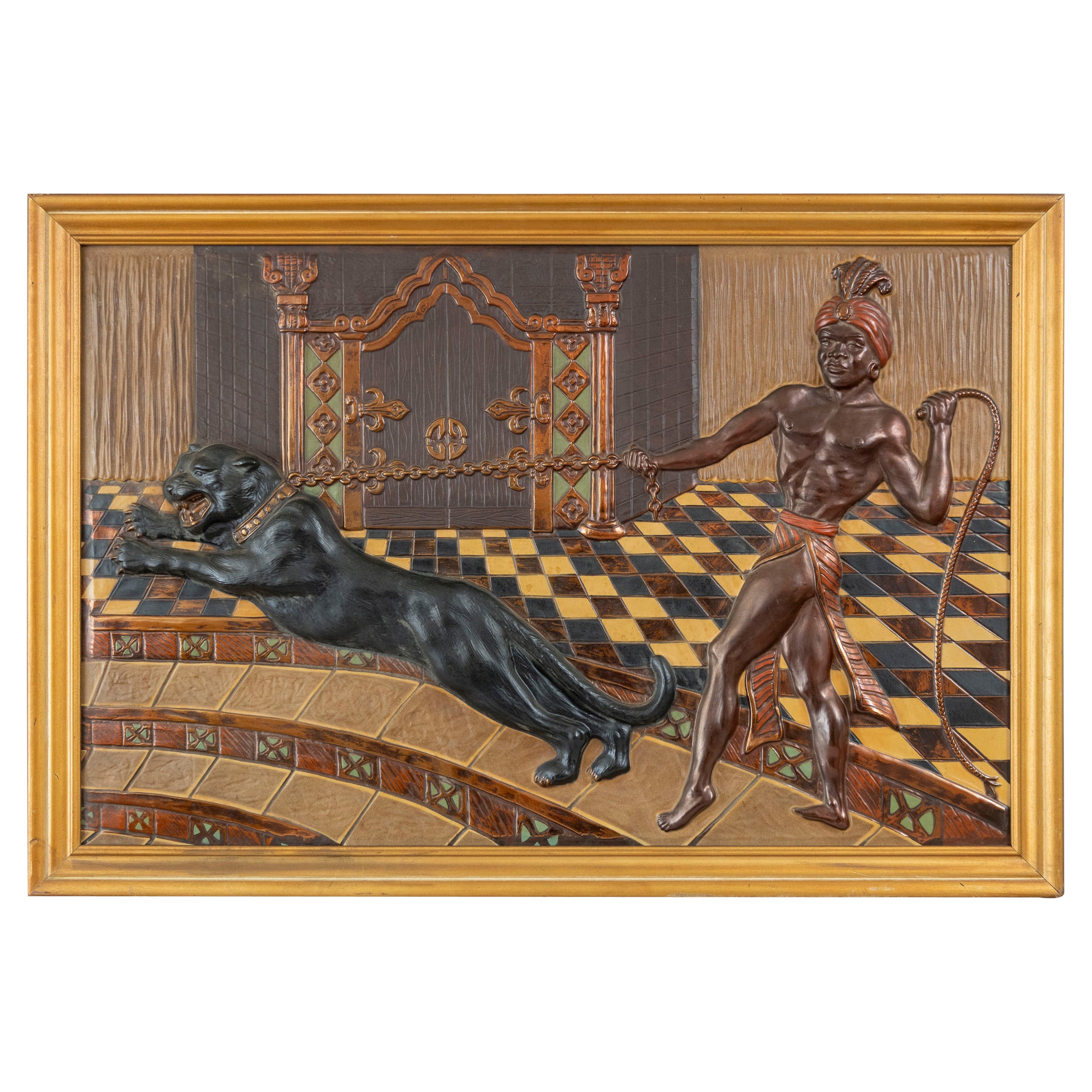 Art Deco Embossed Lithograph on Celluloid, Panther and Tamer in Palace, 1920's