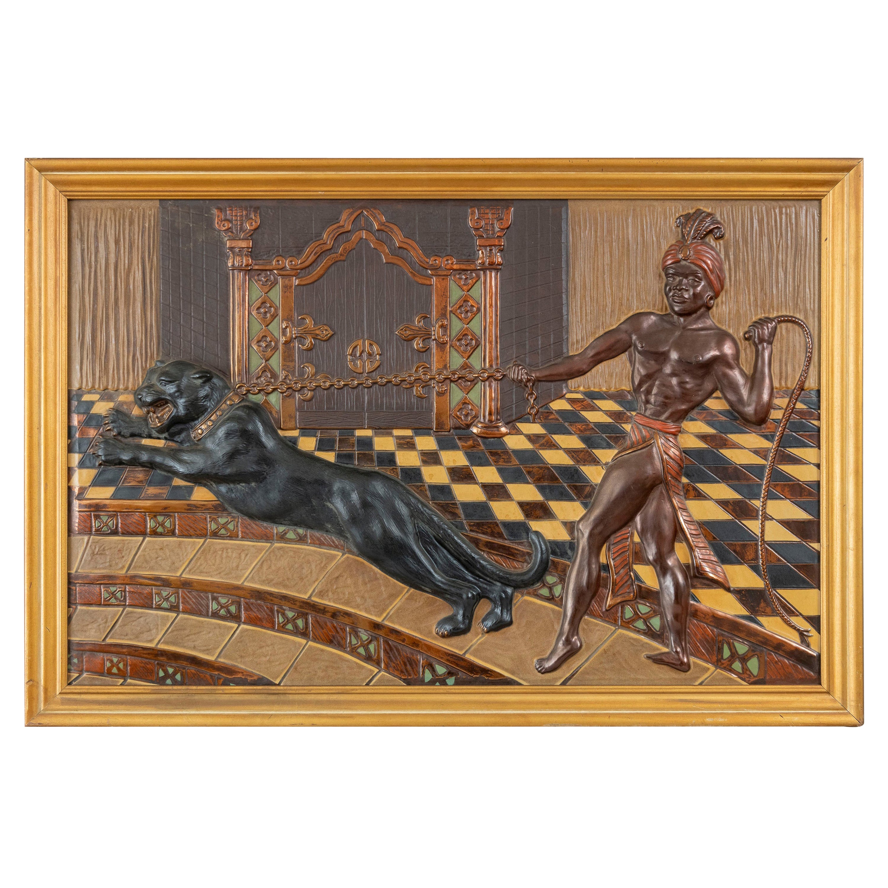 Litografia Art Deco in rilievo su celluloide, Pantera e domatore nel palazzo, anni '20