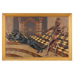 Litografia Art Deco in rilievo su celluloide, Pantera e domatore nel palazzo, anni '20