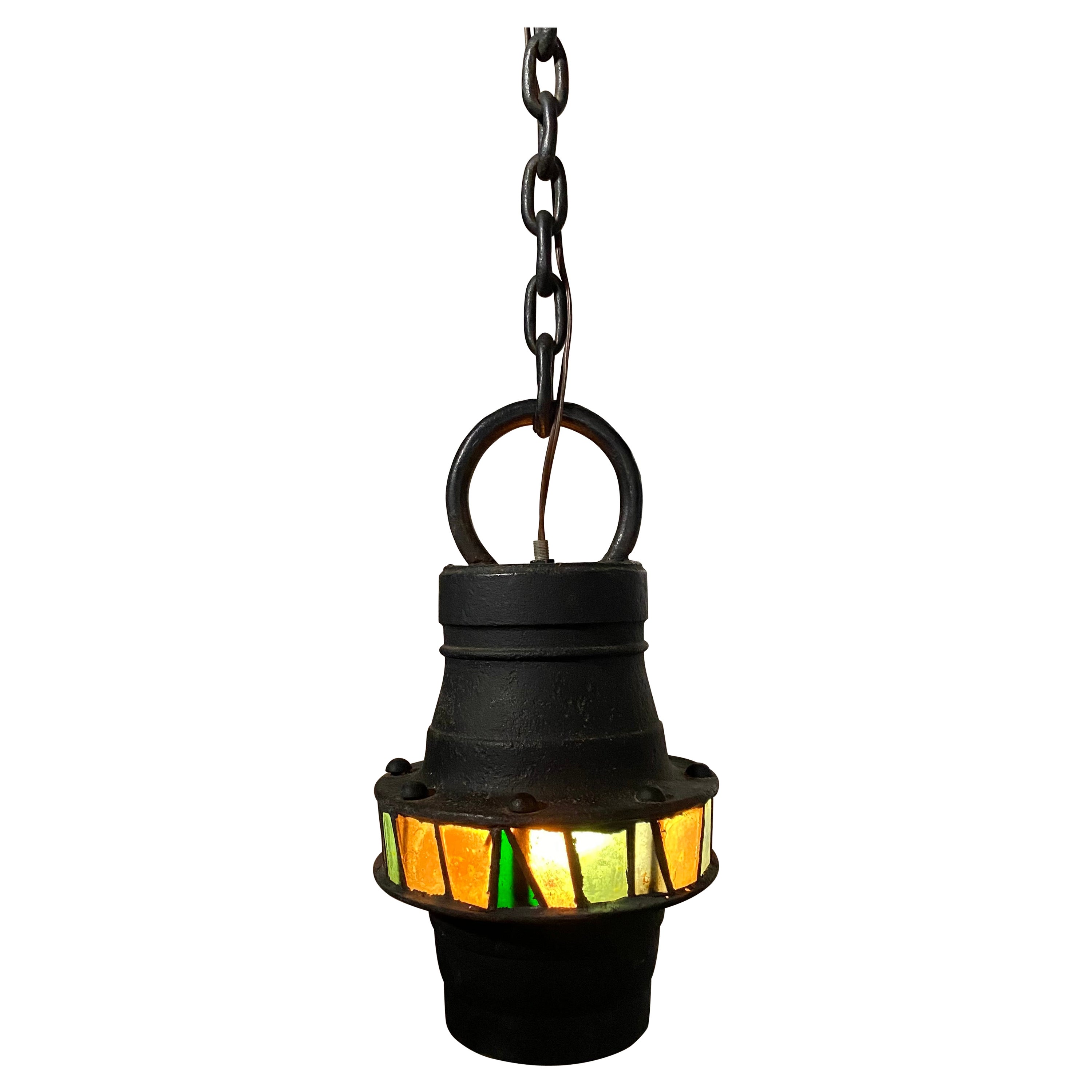 Brutalist Hand-Crafted Iron and stained Glass Hanging Pendant Lamp, c. 1960's For Sale