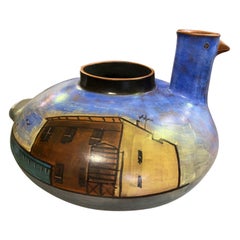 Lidya Buzio Signed New York Artist Hand Painted Pottery Ceramic Vessel Vase 1980