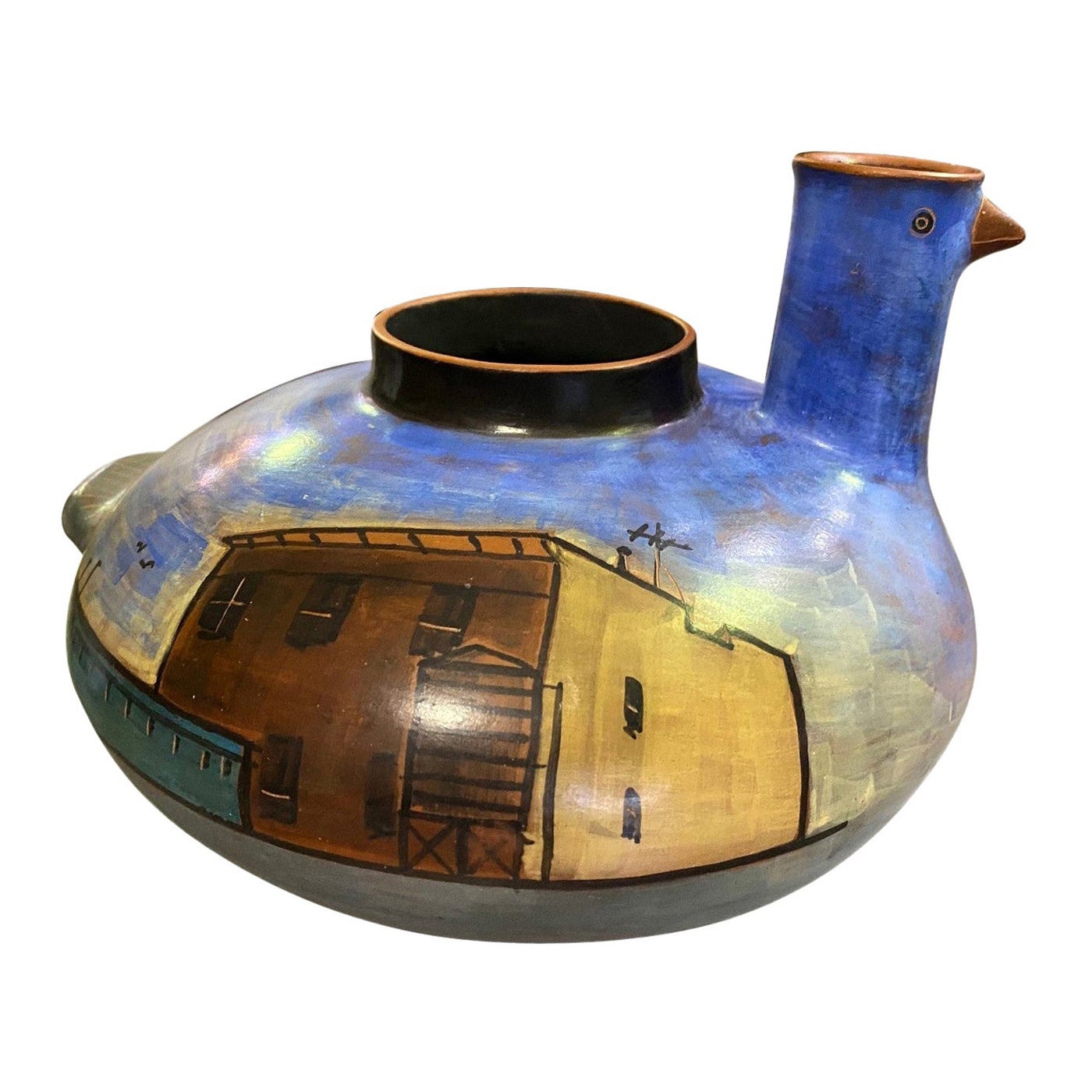 Lidya Buzio Signed New York Artist Hand Painted Pottery Ceramic Vessel Vase 1980 For Sale