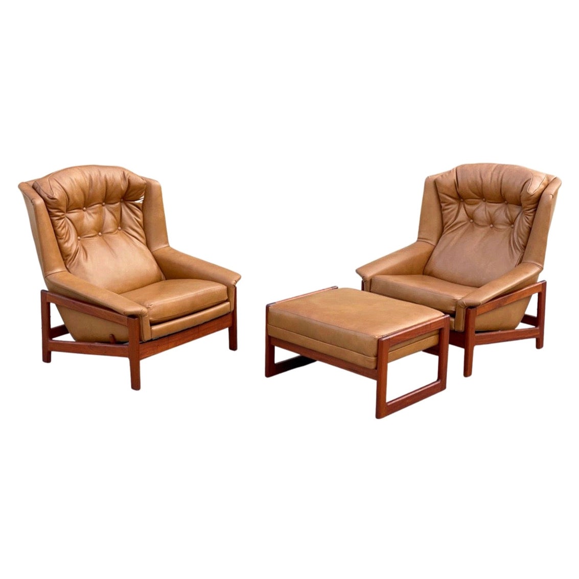 Midcentury Reclining Lounge Chairs in Leather + Walnut by Folke Ohlsson for DUX For Sale
