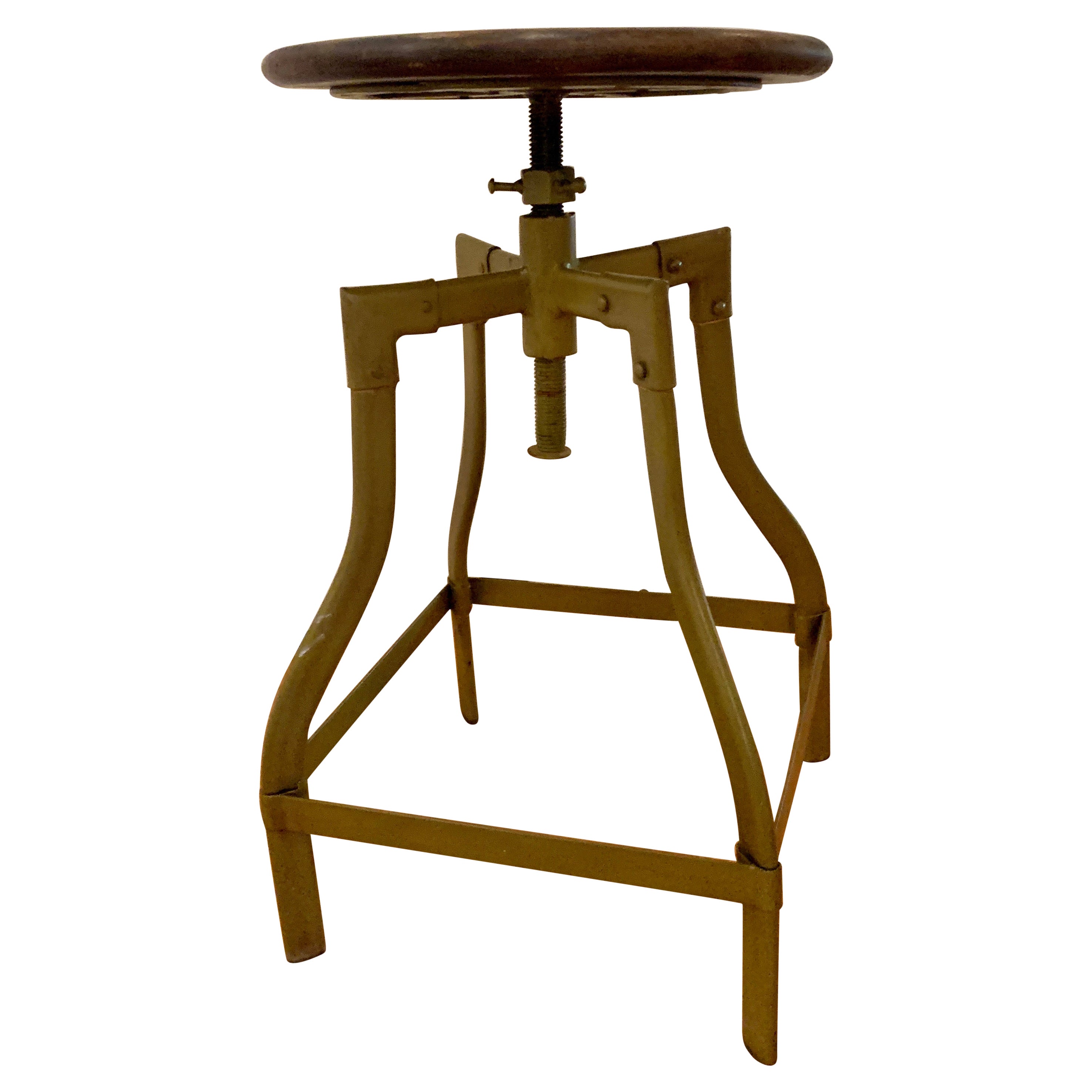 Tabouret industriel réglable en métal avec assise ronde en bois en vert