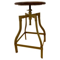 Used Industrial Adjustable Metal Stool with Round Wooden Seat in Green