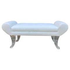 White Linen Upholstered Bench with Lucite Legs