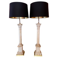 Pair of Carved Column Marble Alabaster Lamps with Gilt Bases and Silk Shades