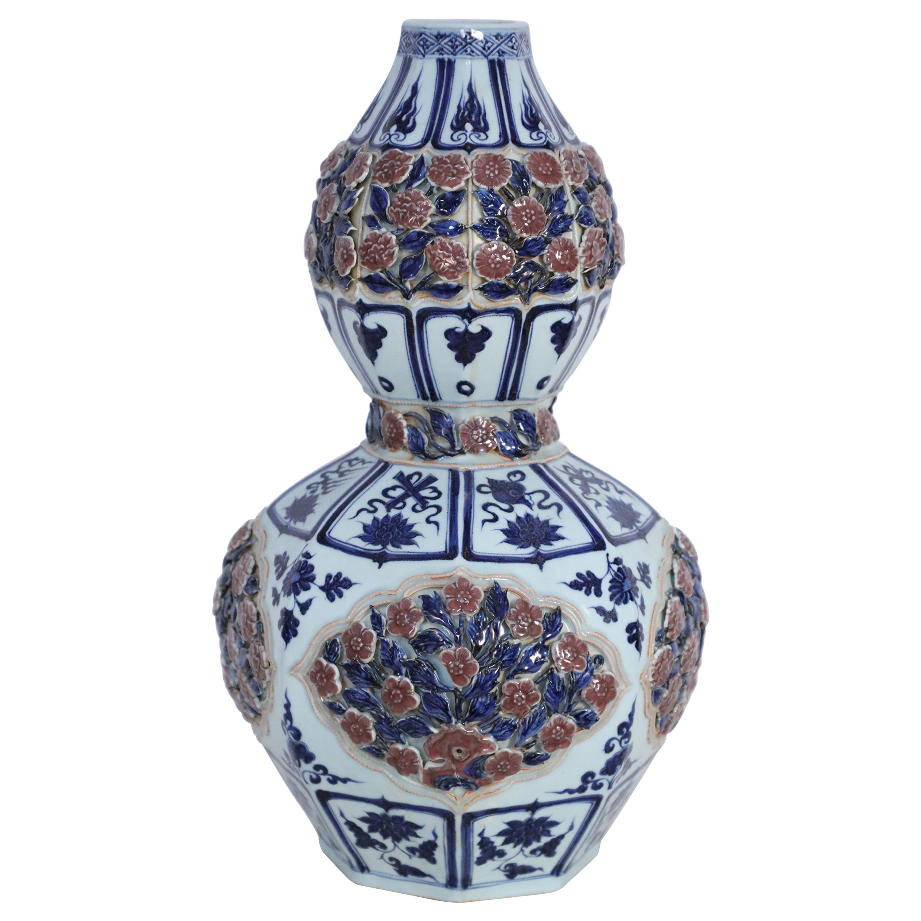 Chinese White and Blue and Raised Rose Design Double Gourd Porcelain Vase