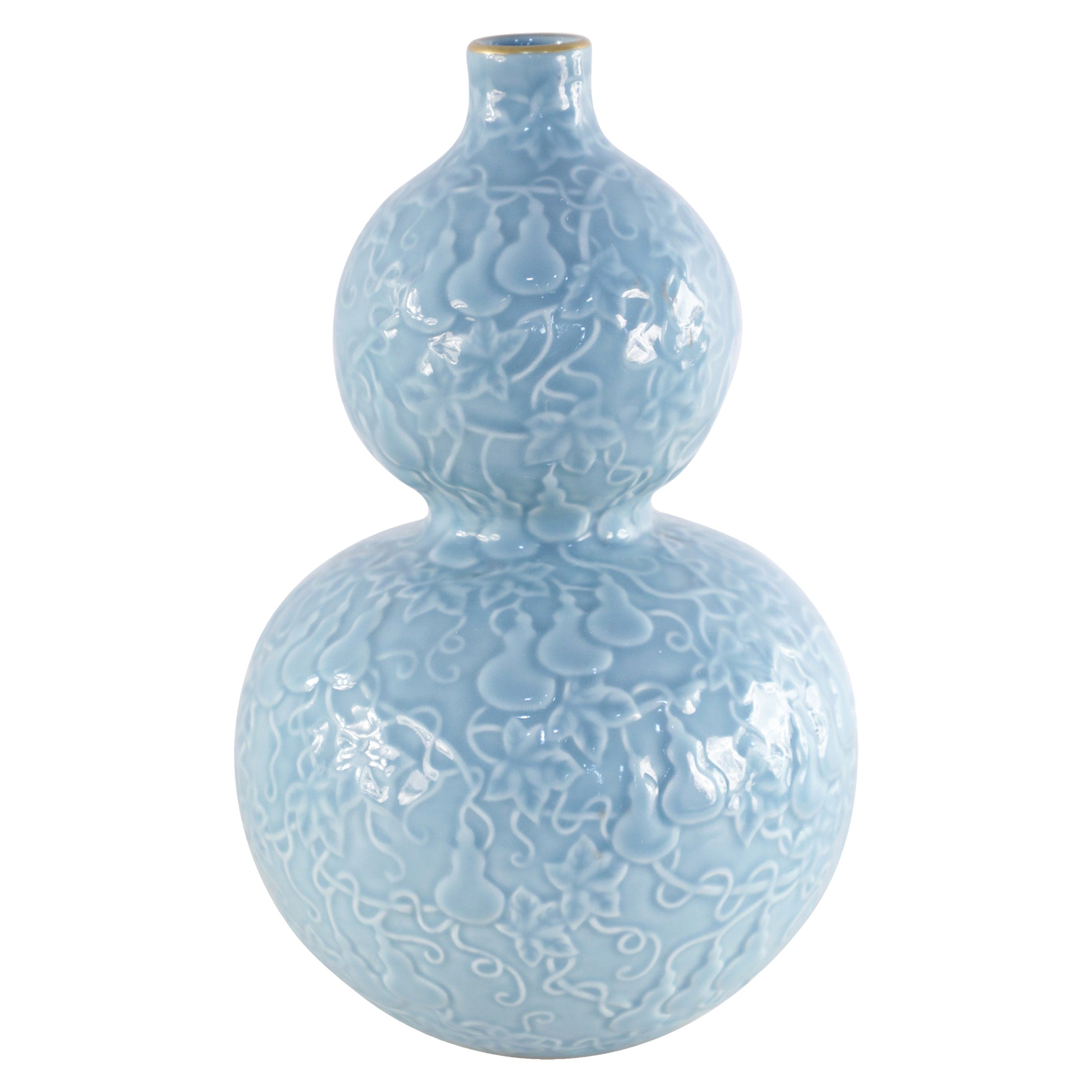 Vase en porcelaine à double gourde bleue de style dynastie chinoise Qing avec bordure dorée