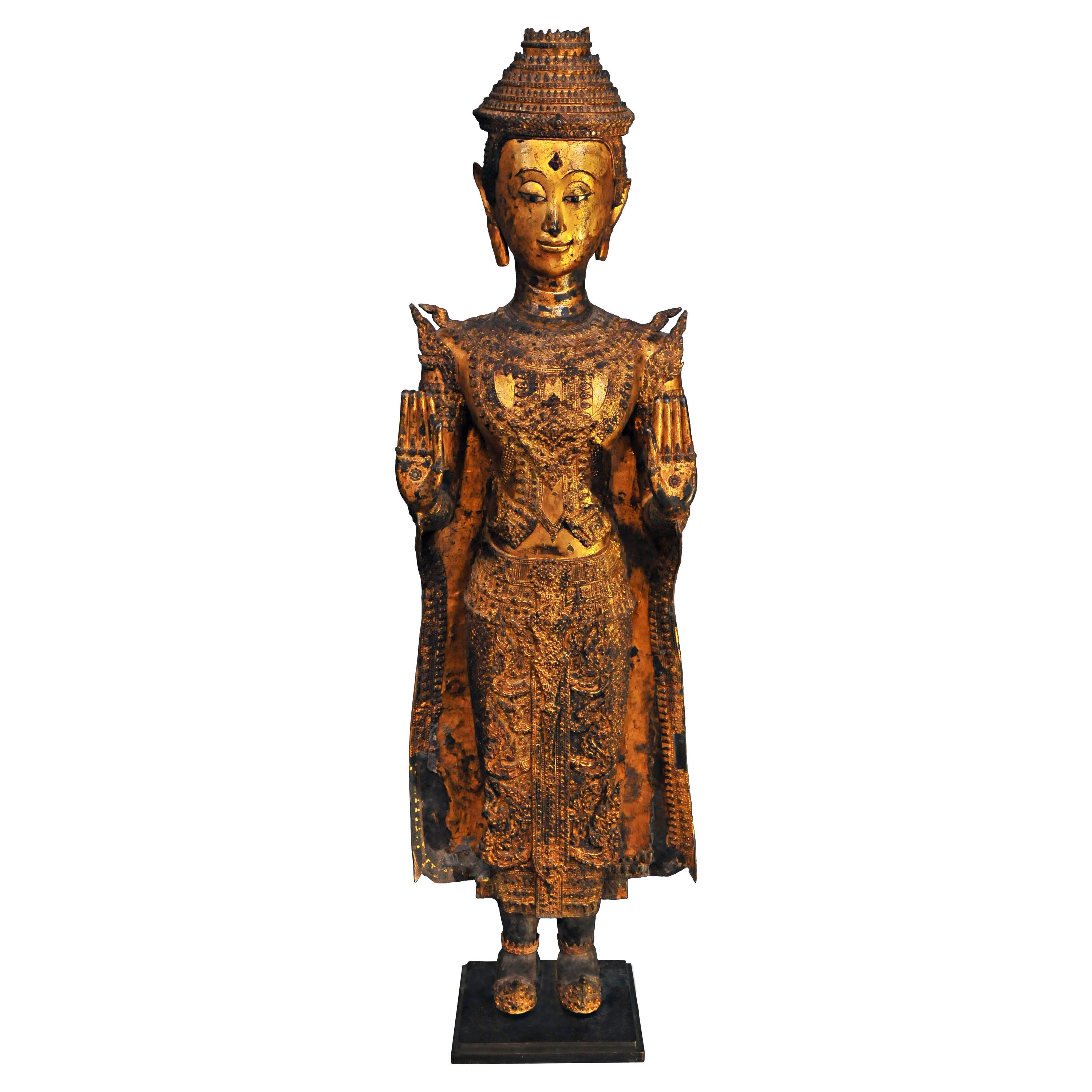18th Century, Gilded Bronze, Crowned Buddha in Abhaya Mudra, Art of Thailand For Sale