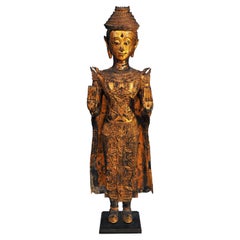 Antique 18th Century, Gilded Bronze, Crowned Buddha in Abhaya Mudra, Art of Thailand