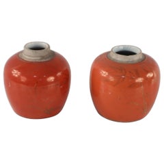 Pair of Chinese Orange and Gold Bamboo Motif Porcelain Vases